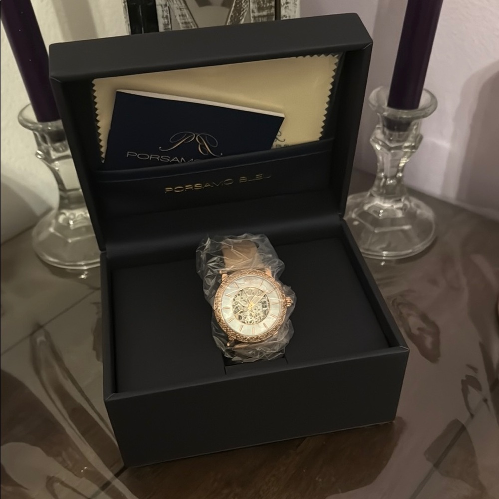 NIB Liza Automatic Satin Leather Porsamo Bleu Gold-Pearl Watch Topaz Bezel - Picture 5 of 11